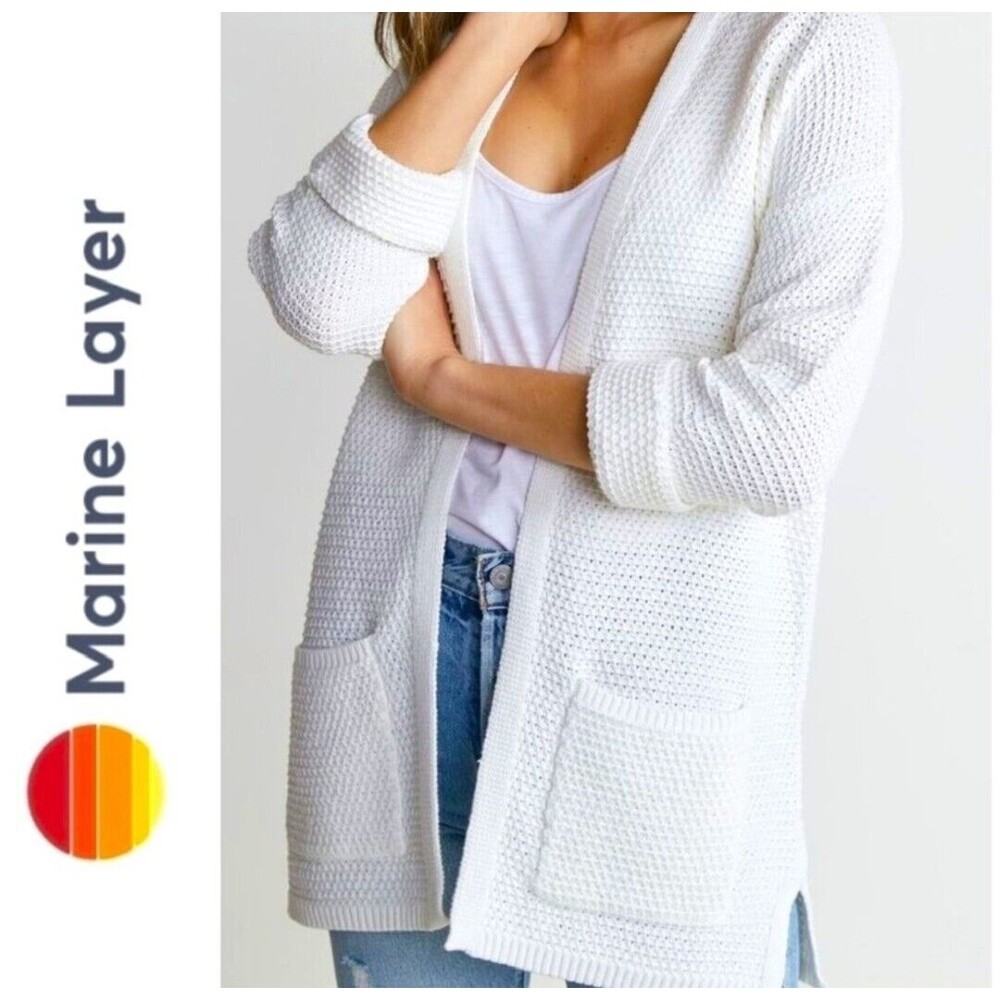 Marine Layer Catalina Knit Open Cardigan Womens Size Medium In White Pockets